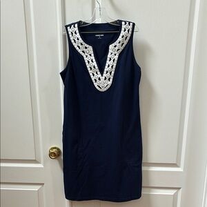 Lands End Navy Dress White Lace Appliqué with Pockets